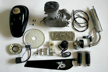 This kit comes with everything that you'll need to convert your bicycle into a motorized bike, NO need to buy anything else. You'll still be able to pedal the bike and ride like normal or start the engine by releasing the clutch lever. There's no rope pulling needed. You can stop or start the engine as you ride. Twist grip hand throttle controls speeds from 25 to 30/mph depending on the gear ratio. (MPG 100-150) This installation kit comes with a 48 tooth 9 hole chrome racing sprocket with easy to install 9 bolt universal mounting hardware that clamps over the rear wheel hub and spokes. This creates a totally independent drive sprocket and chain that does not interfere with your current drive chain or peddling. With the built in clutch you maintain full function of the original bike. Pedal, shift, and ride your bike like normal. The engine kit only adds about 19lbs to your bike. When you want to engage the engine simply release the clutch hand lever and the engine springs to life. To power off simply press the included kill switch. 